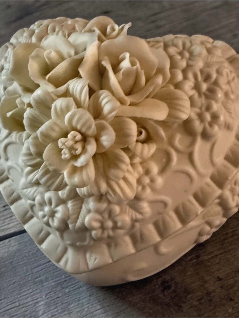 Ivory Floral Heart Trinket Box